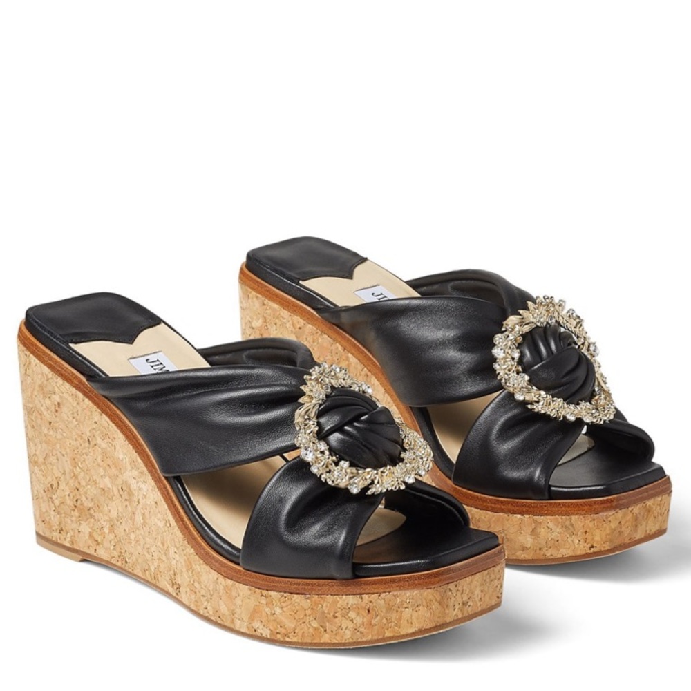 Jimmy Choo Nevara 90 Black Leather Wedge Sandal 39